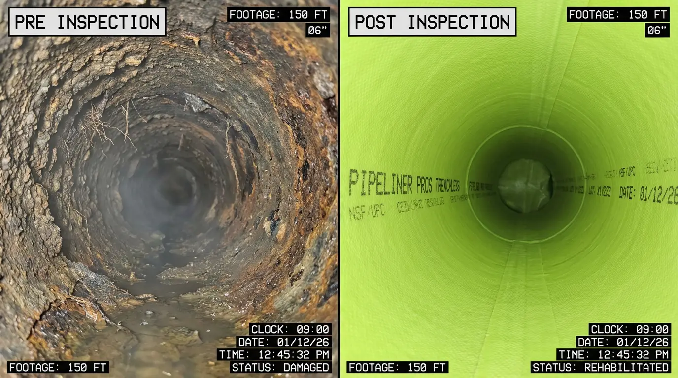 Cracked sewer pipe wall captured during a camera inspection